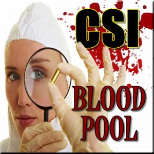 CSI Blood Pool - Thinkers in Education CSI Workshops For Schools.  A female forensic scientist examines a bullet through a magnifying glass - with blood spatter in the background to set the scene of this two hour activity.