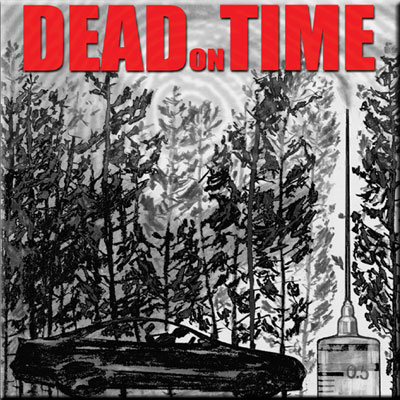 A body is slumped over the steering wheel of a car in the woods with a fingerprint forming in the clouds above a syringe in the CSI Dead on Time Forensic Science Workshop Poster 